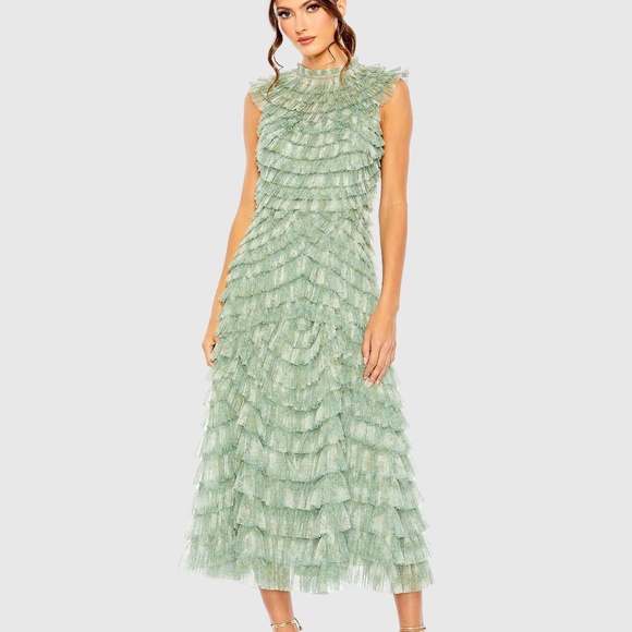 Mac Duggal Dresses & Skirts - Green High-Neck Micro Ruffle Dress (NWT) Retail: $598